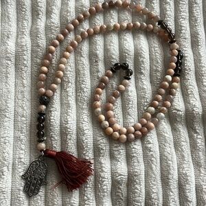 Serenity Mala Necklace prayer beads hamsa hand charm Smokey quartz pink jasper